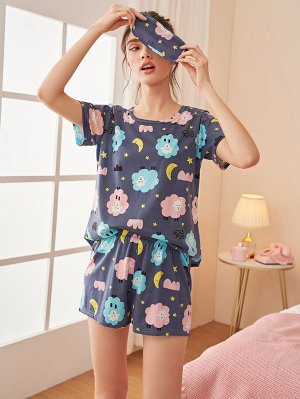 Пижама с мультипликационным узором с маской для сна