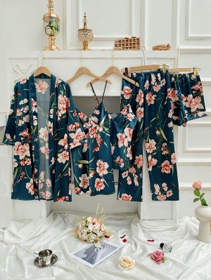 Атласный пижамный комплект с цветочным принтом 5шт