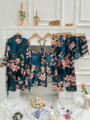 Атласный пижамный комплект с цветочным принтом 5шт