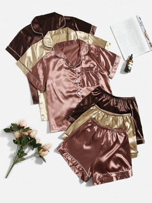 3 набора Атласная блуза и шорты с контрастной окантовкой