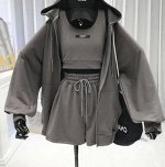 Костюм: Топ + шорты + толстовка, серый