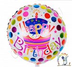Шар Круг, Happy Birthday, торт и точки 1 шт. (18&#039;&#039;/46 см)