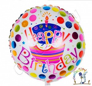 Шар воздушный фольгированный Круг, Happy Birthday, торт и точки 1 шт. (18''/46 см)