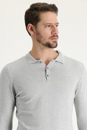 Светло-серый меланжевый свитер с воротником поло, классический крой, трикотажный свитер