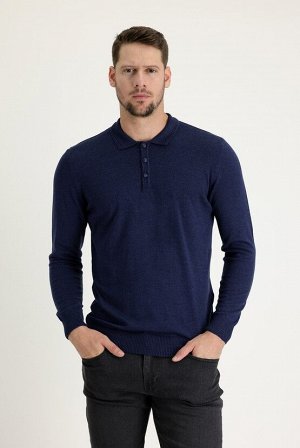 Трикотажный свитер средней посадки с меланжевым воротником средней длины темно-синего цвета