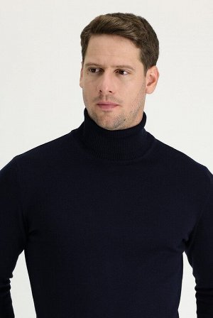 Темно-синяя водолазка - Классический вязаный свитер с высоким воротником
