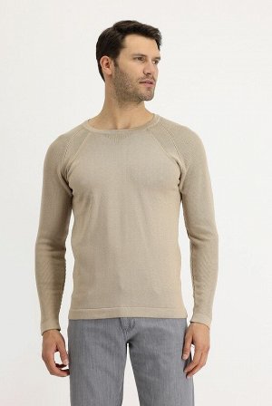 Бежевый приталенный вязаный свитер с круглым вырезом среднего размера с рисунком
