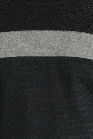 Kiğılı Темно-антрацитовый меланжевый приталенный вязаный свитер с круглым вырезом и узором