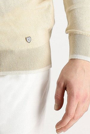 Бежевый приталенный льняной трикотажный свитер среднего размера с круглым вырезом