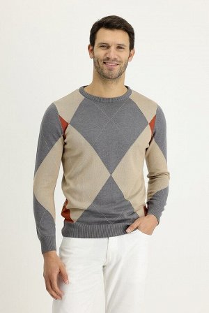 Средне-серый меланжевый приталенный вязаный свитер с круглым вырезом и узором