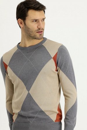 Средне-серый меланжевый приталенный вязаный свитер с круглым вырезом и узором