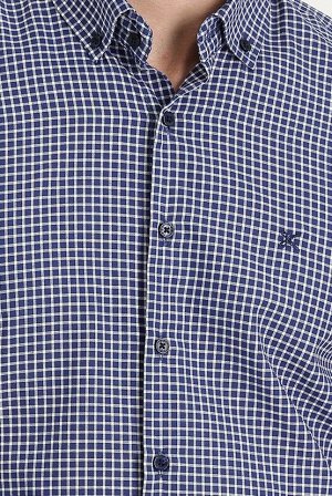 Средняя темно-синяя рубашка узкого кроя с короткими рукавами в клетку