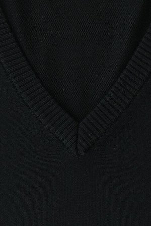 Черный Трикотажный свитер большого размера с V-образным вырезом, стандартный крой
