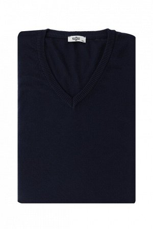 Темно-синий трикотажный свитер большого размера с v-образным вырезом, стандартный крой