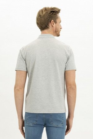 Светло-серая меланжевая футболка с воротником поло и вышивкой стандартного кроя