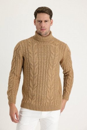 Бежевая водолазка - Классический шерстяной вязаный свитер с узором