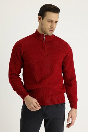Темно-красный шерстяной трикотажный свитер с воротником бато, стандартный крой, на молнии, с узором