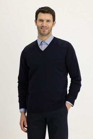 Темно-синий - Классический трикотажный свитер с узором и V-образным вырезом с v-образным вырезом