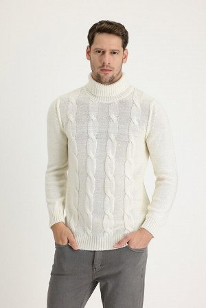 Приталенный шерстяной трикотажный свитер с высоким воротником цвета экрю