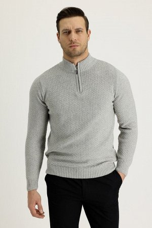 Светло-серый меланжевый шерстяной вязаный свитер с воротником бато, стандартный крой, на молнии, с узором