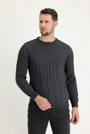 Темно-копченый шерстяной трикотажный свитер узкого кроя с круглым вырезом и узором