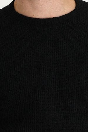 Черный приталенный бесшовный шерстяной трикотажный свитер с круглым вырезом