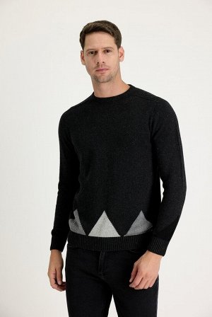 Шерстяной трикотажный свитер с круглым вырезом темно-антрацитового цвета, классический крой