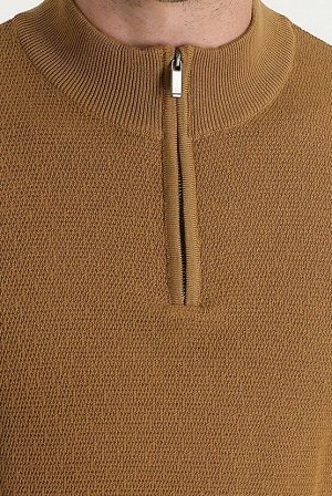 Kiğılı Camel Bato Collar Slim Fit Zipper Patterned Knitwear Sweater