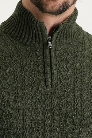 Шерстяной трикотажный свитер с рисунком средней длины цвета хаки и воротником бато, на молнии, с застежкой-молнией