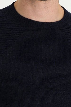 Kiğılı Темно-синий шерстяной приталенный вязаный свитер с круглым вырезом и узором