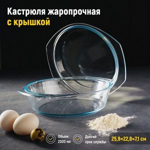 Кастрюля из жаропрочного стекла для запекания Доляна, 2 л, 25,9?22,8?7,1 см, с крышкой