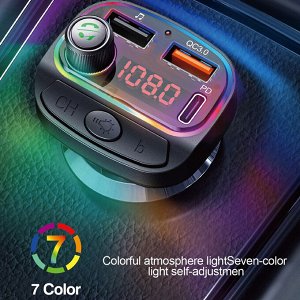 Akuma Автомобильное мультифункциональное зарядное устройство C15 2*USB + Type C + FM-трансмиттер, 3.1A, черный, RGB подсветка, дисплей,Bluetooth,FM/USB