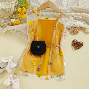 Платье желтое с прозрачной накидкой- жилеткой и сумочкой