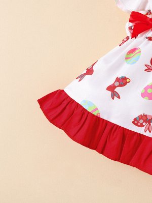 Платье на Пасху с зайками и яичками красно-белое