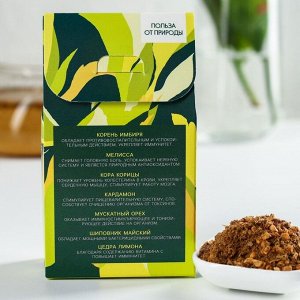 Ягодно-травяной чай «Энергия и тонус»: имбирный корень, мелисса, корица, кардамон, мускатный орех, шиповник майский, цедра лимона, 50 г.