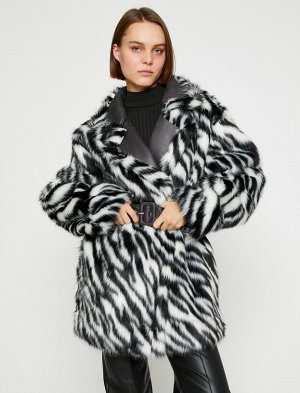 Ece S_kan X Cotton - Плюшевое пальто с поясом и принтом под зебру