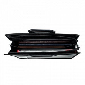 Папка-портфель пластиковая BRAUBERG А4+ (390х320х120 мм), 4 отделения, фактура под дерево, черная, 221391