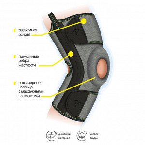 Бандаж на коленный сустав разъемный с пателярным кольцом и пружинными ребрами жесткости универсальный