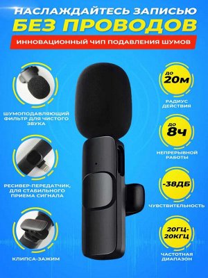 NEW ! Мини микрофон петличный для девайсов беспроводной Wireless Microphone iOS Android петличка c двумя микрофонами черный