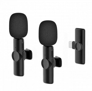 NEW ! Мини микрофон петличный для девайсов беспроводной Wireless Microphone iOS Android петличка c двумя микрофонами черный