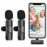 NEW ! Мини микрофон петличный для девайсов беспроводной Wireless Microphone iOS Android петличка c двумя микрофонами черный