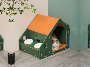 Домик-лежак для кошки, 2 миски, зеленый+коричневый, 58х46х50