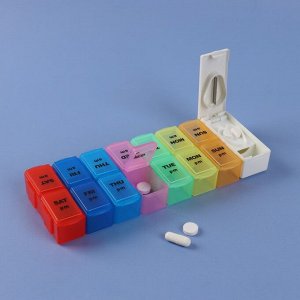 Таблетница-органайзер «Неделька», с таблеторезкой, утро/вечер, 7 контейнеров по 2 секции, разноцветная