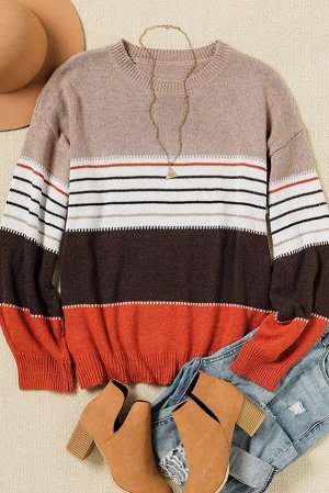 Бежевый полосатый свитер с длинным рукавом