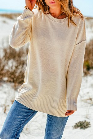 Бежевый удлиненный свитер с круглым вырезом