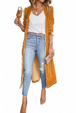 VitoRicci Yellow Velvet Open Front Pocketed Long Duster