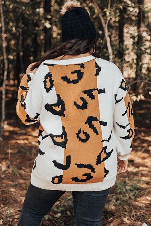 Оранжевый леопардовый свитер плюс сайз с V-образным вырезом