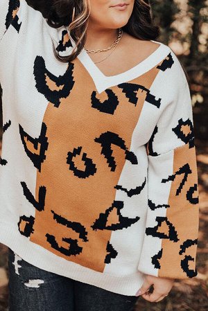 Оранжевый леопардовый свитер плюс сайз с V-образным вырезом