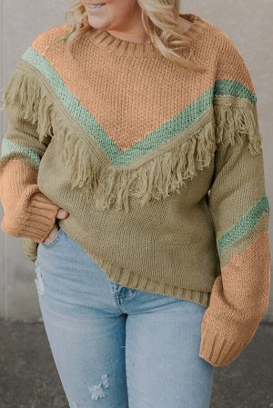 Зеленый вязаный свитер плюс сайз с бахромой