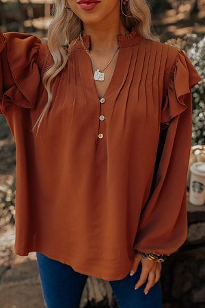 Оранжевая блузка с оборками и длинным объемным рукавом